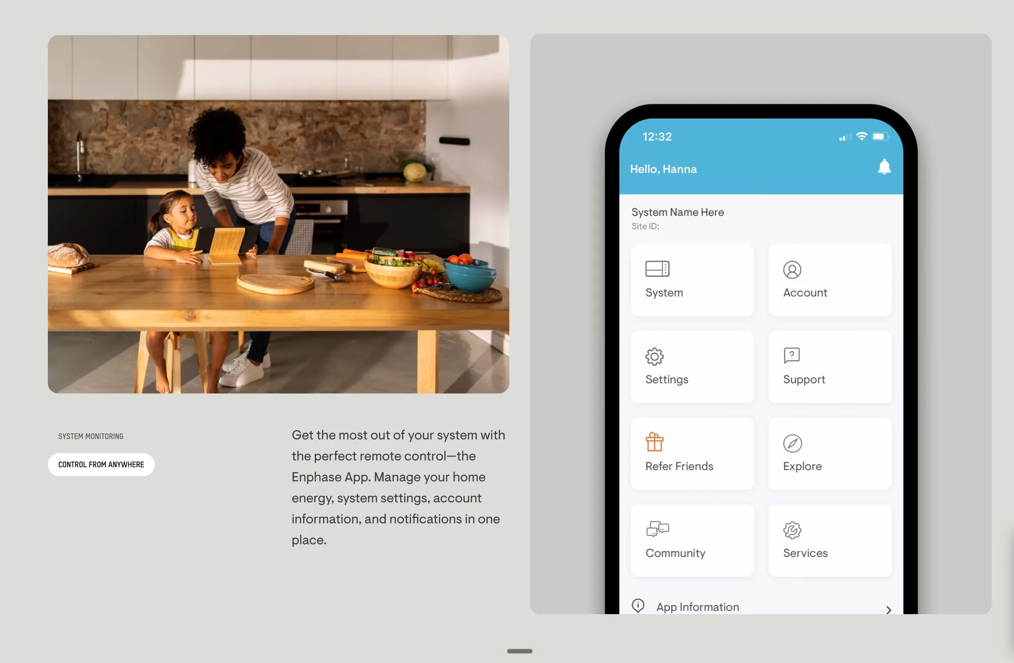 Enphase App home screen showing System, Account, Settings, Support, and other controls